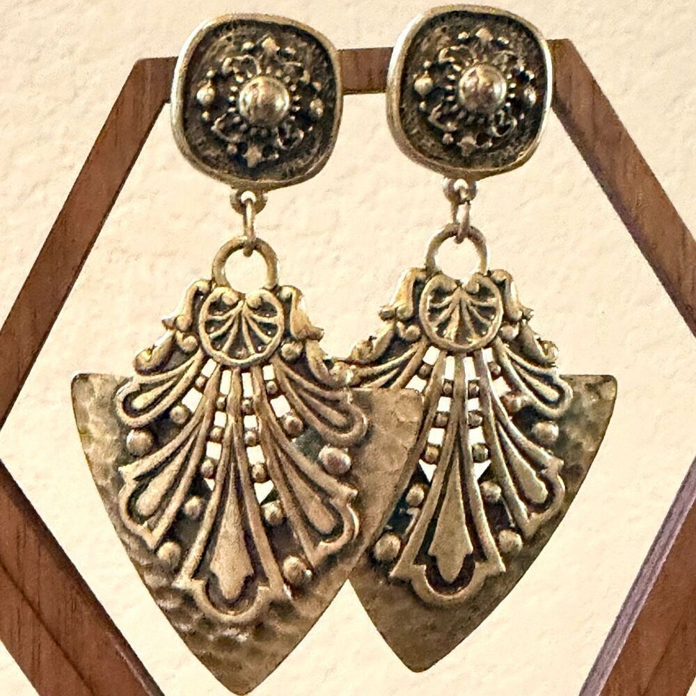 Vintage Art Deco Style Brass Tone Statement Earrings